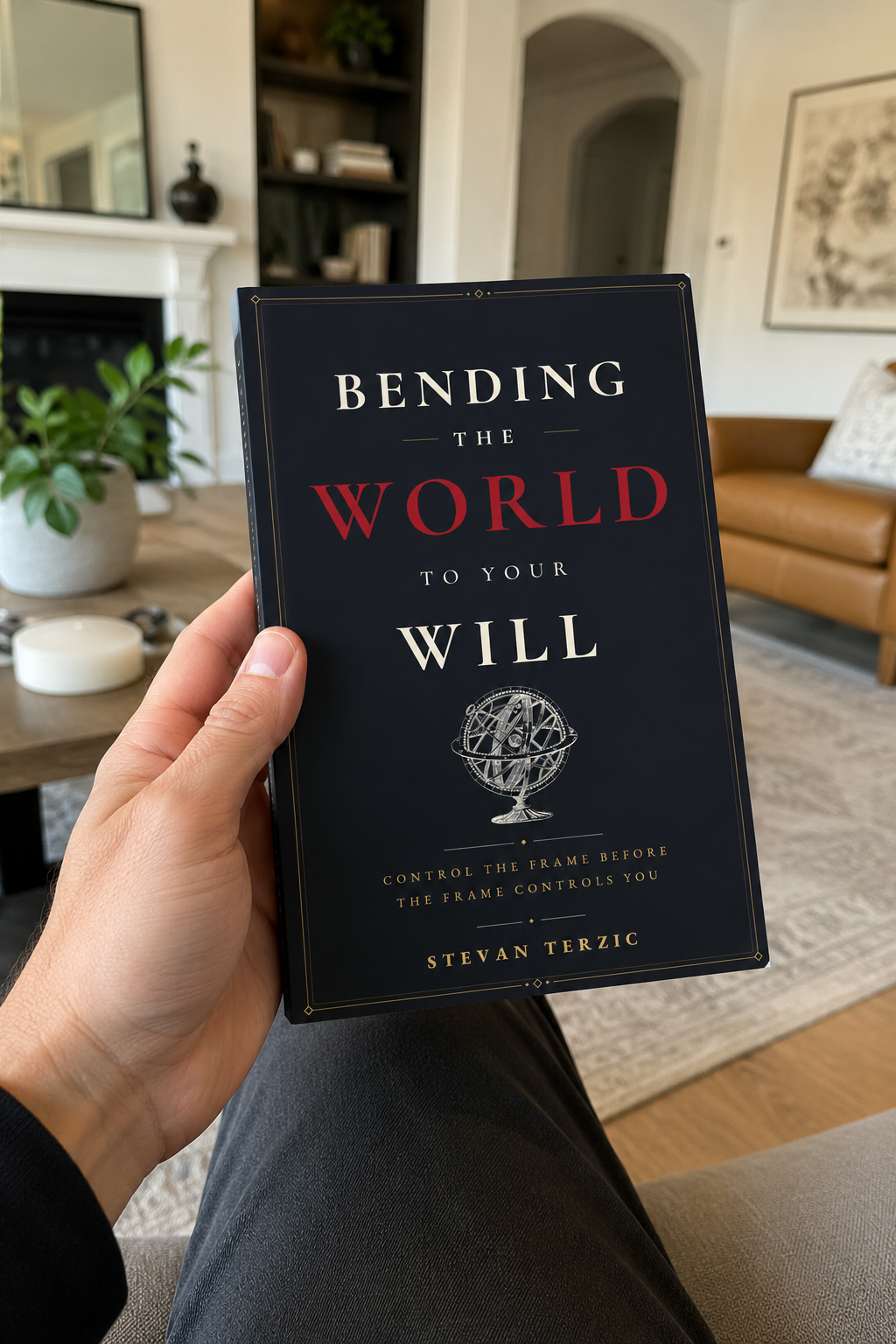 Illustrative mockup of the paperback held in a living room