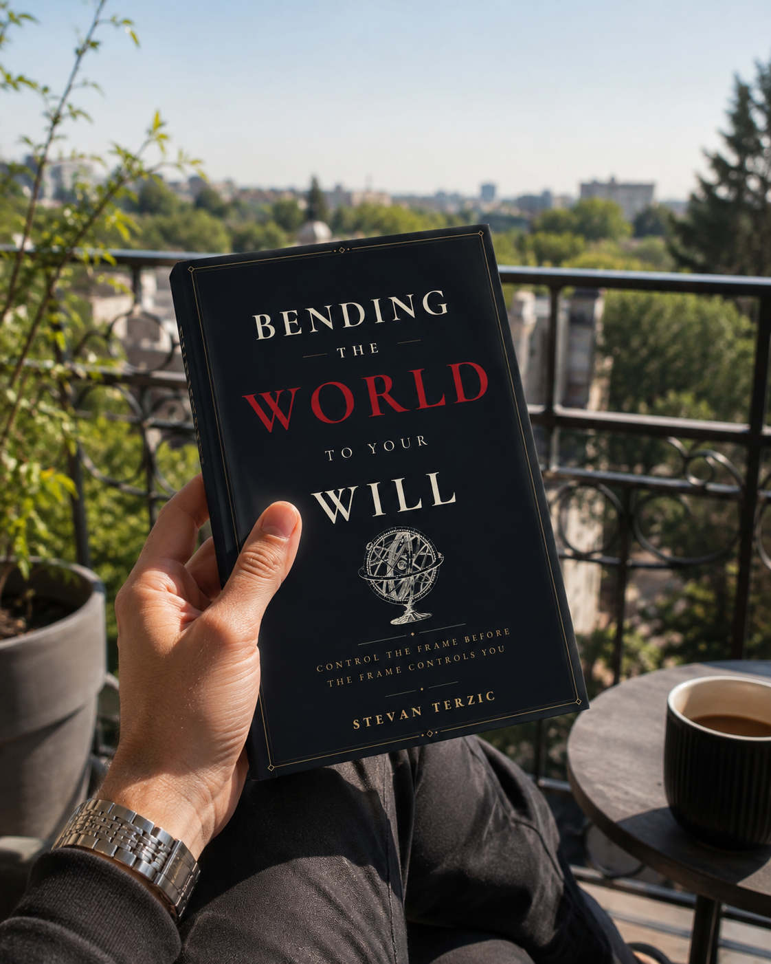 AI-generated product illustration: the book beside a coffee on a balcony