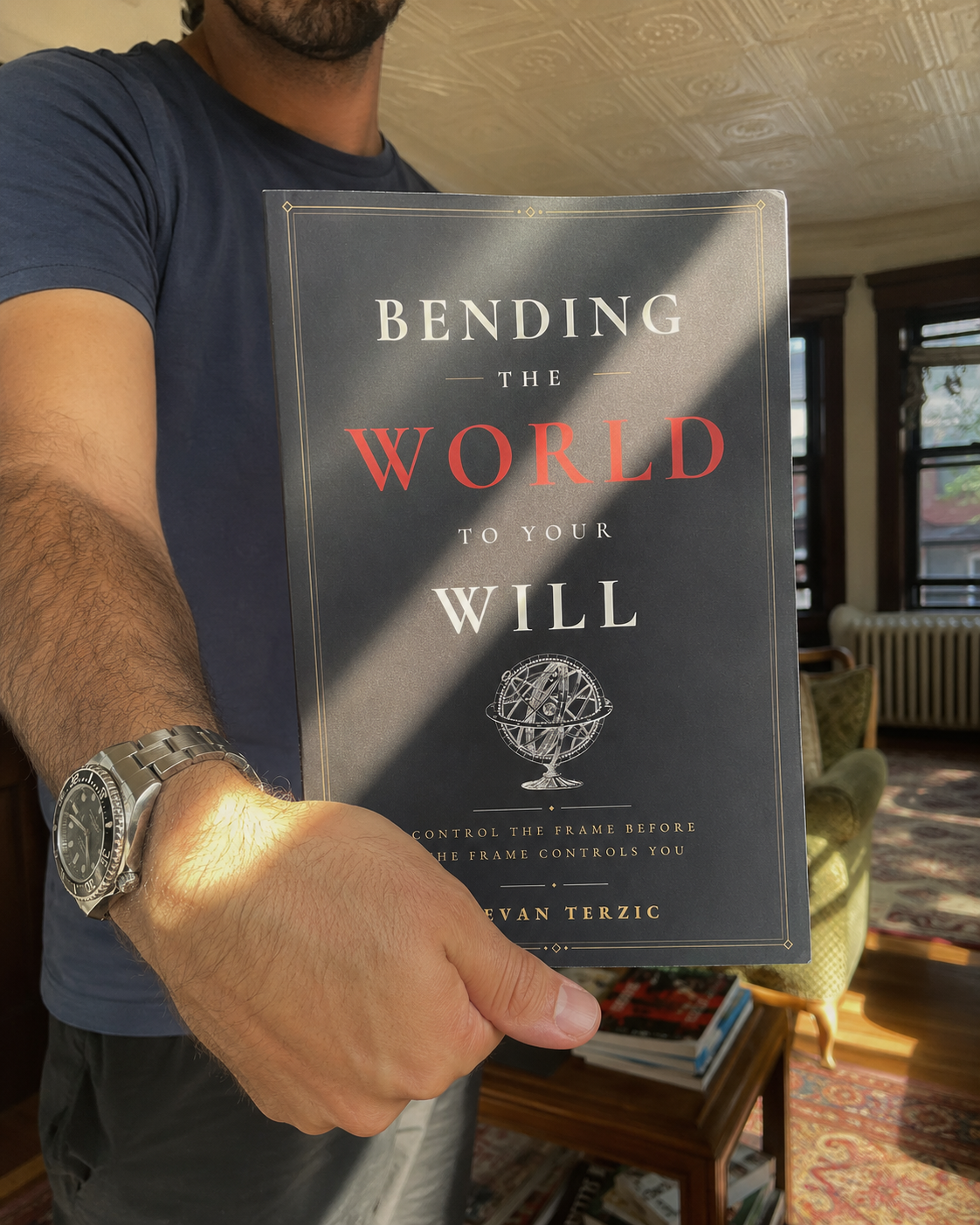 Product illustration: the book held at home