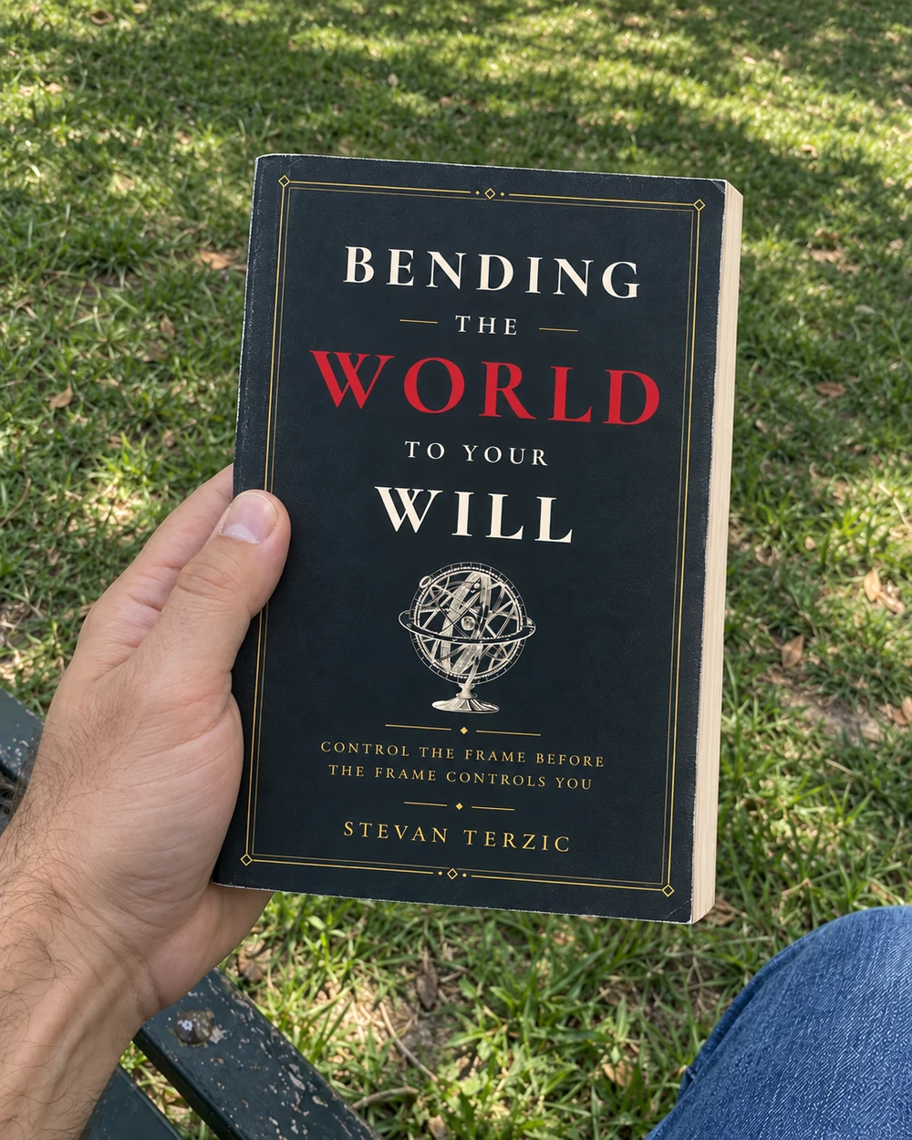 AI-created first-person view of Bending the World to Your Will held in a park, with grass behind it