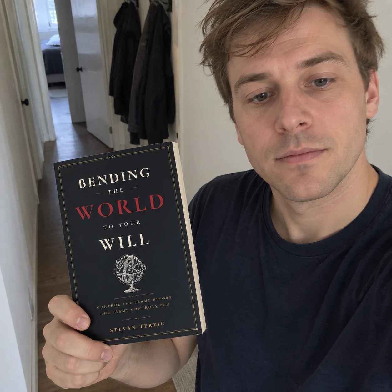 AI-generated illustration of a man holding Bending the World to Your Will: Quick hallway selfie.