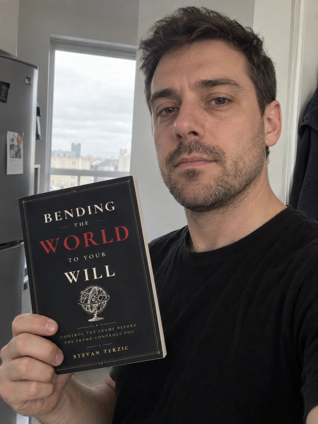 AI-generated illustration of a man holding Bending the World to Your Will: Small flat, quick snap.