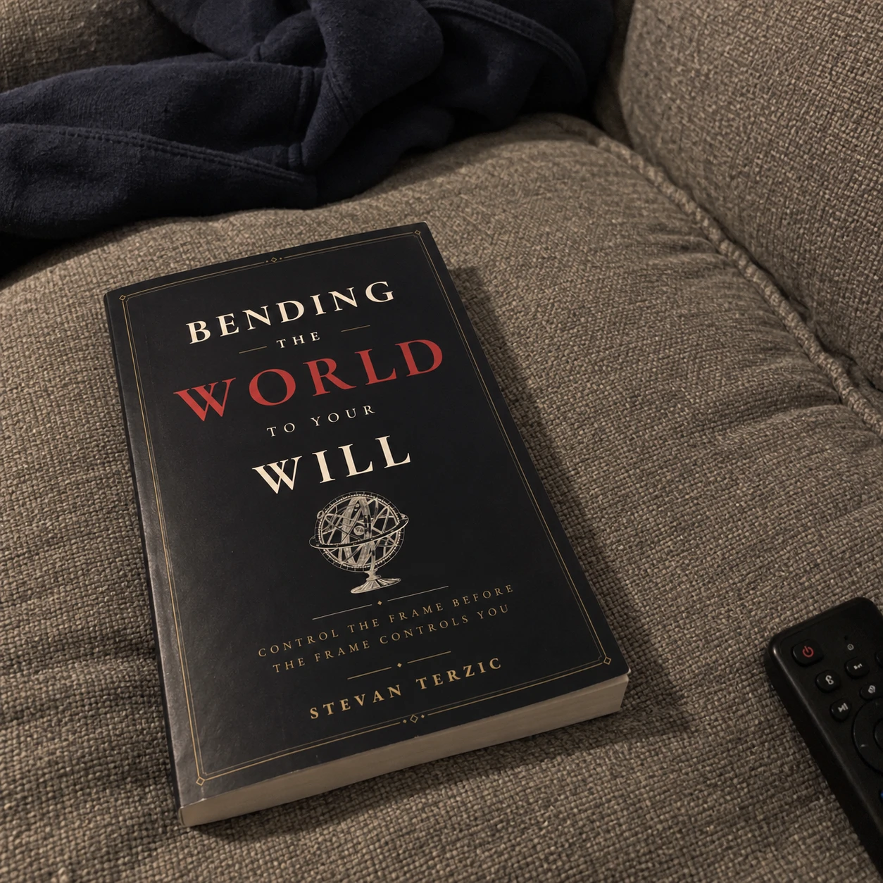 Illustrative scene: the paperback resting on a couch