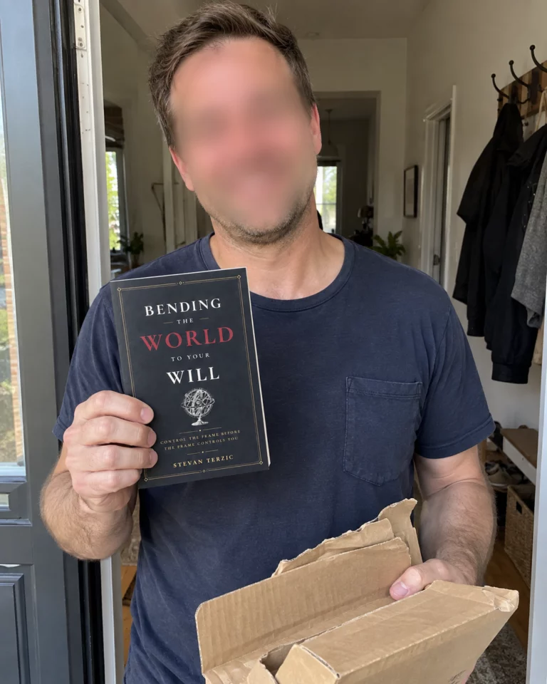 AI-created illustration of a man with a blurred face showing Bending the World to Your Will at his doorway