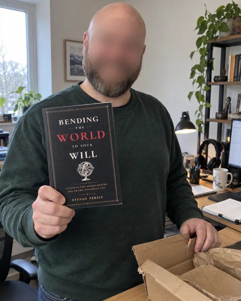 AI-created illustration of a man with a blurred face showing Bending the World to Your Will in his home office