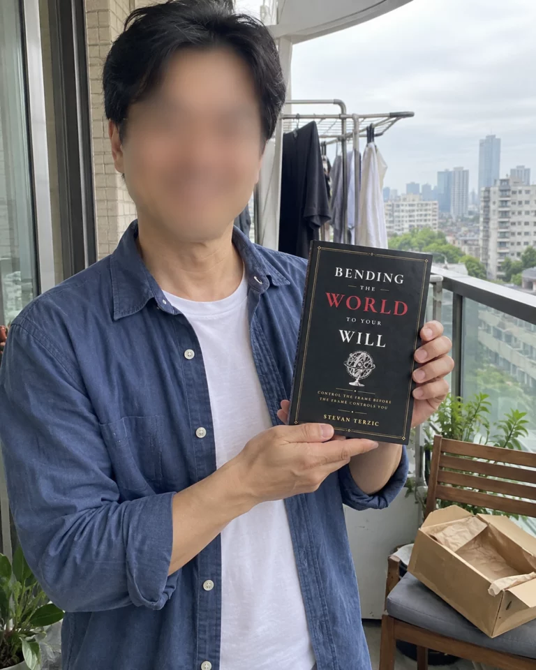AI-created illustration of a man with a blurred face showing Bending the World to Your Will on his balcony