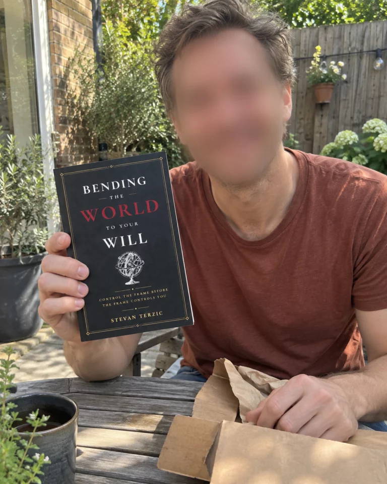 AI-created illustration of a man with a blurred face showing Bending the World to Your Will in his garden