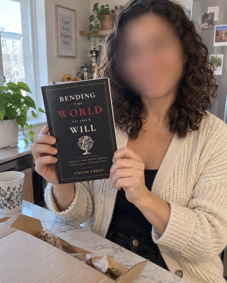 AI-created illustration of a woman with a blurred face showing Bending the World to Your Will in her kitchen