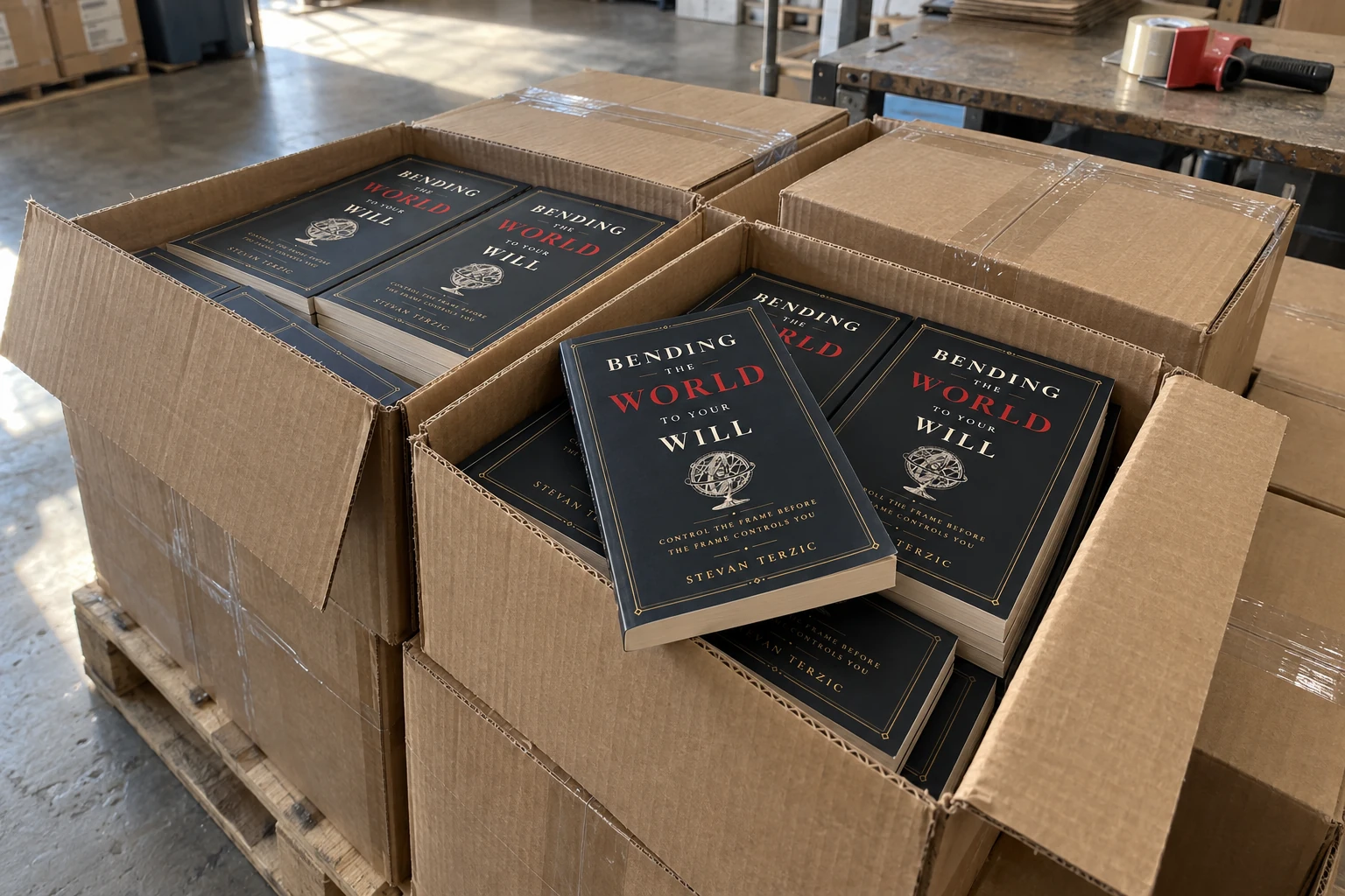 Paperback books inside packing cartons